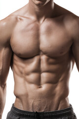 muscular male torso with defined abs, frontal view on white background, soft even lighting highlighting core muscles, commercial fitness aesthetic.