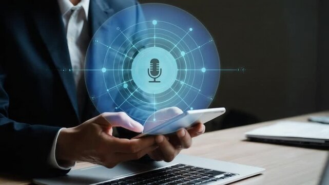 Businessman using smartphone with AI voice assistant technology interface