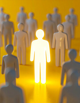 Glowing white human icon among static gray figures. Leader, confidence and individuality concept.
