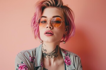 Obraz premium Fashion portrait of a cool young woman with pink hair, tattoo and sunglasses posing on pink background