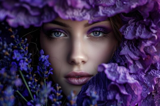 Studio portrait of a young caucasian woman wearing purple makeup and posing with lavender and purple petals