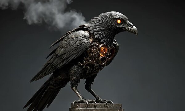 Steampunk Raven with Glowing Eyes and Gears on Dark Background