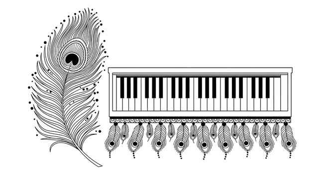 Piano keys and peacock feather art illustration