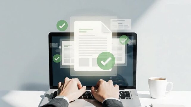 Digital Document Approval Process on Laptop Screen with Checkmarks