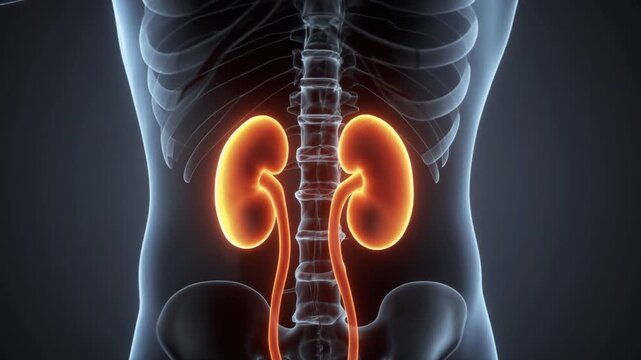 Illuminated 3D medical illustration of the human kidneys within the skeletal system, emphasizing the vital renal function and overall body health