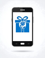Cellphone displaying a blue gift box with a rose illustration