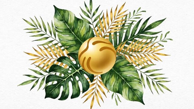 Elegant watercolor illustration of tropical green palm leaves and golden foliage surrounding a luxurious golden sphere, isolated white background, artistic and decorative.