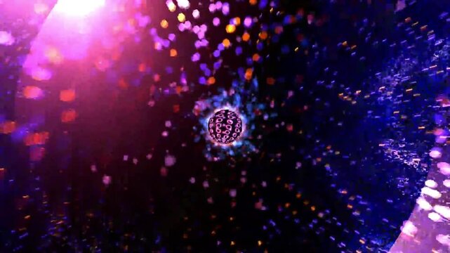 Abstract glowing sphere with purple patterns and golden energy rays in a cosmic particle motion background