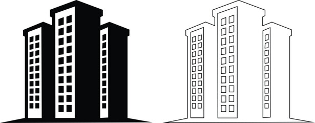 Obraz premium Skyscraper building icons in solid silhouette and thin line outline styles modern urban architecture Vector illustration set