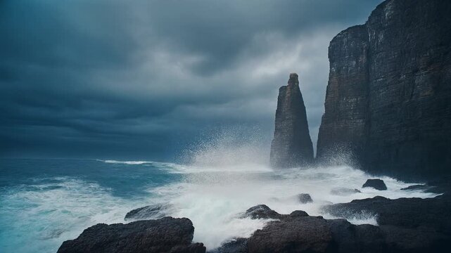 Ocean Waves Crashing Against Rocky Cliffs