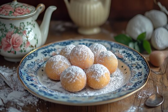 selective focus traditional croatian fritule served on a plate with sugar topping on neutral background