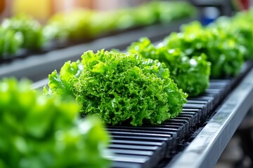 selective focus close-up of industrial optical food sorter processing fresh lettuce