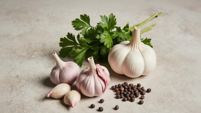 Fresh garlic bulbs, cloves, parsley, and peppercorns on a light background