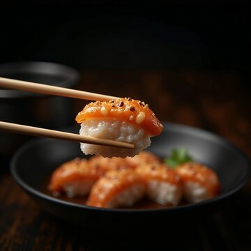 This image shows nigiri sushi with seared salmon, also known as aburi sushi