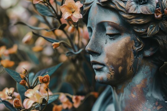 Weathered statue face with closed eyes surrounded by orange flowers, conveying themes of history, art, and nature