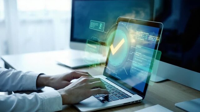 Person Working on Laptop with Digital Security and Success Confirmation
