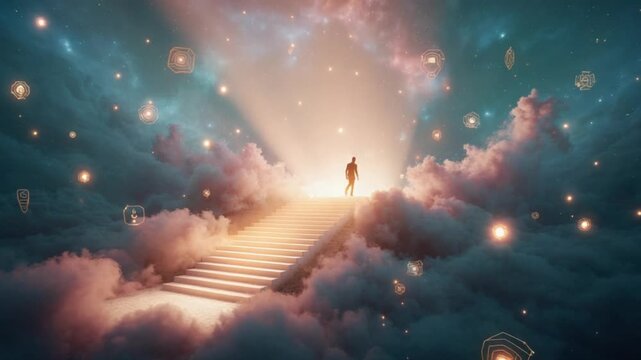 Man Ascending Heavenly Staircase Through Ethereal Clouds and Stars