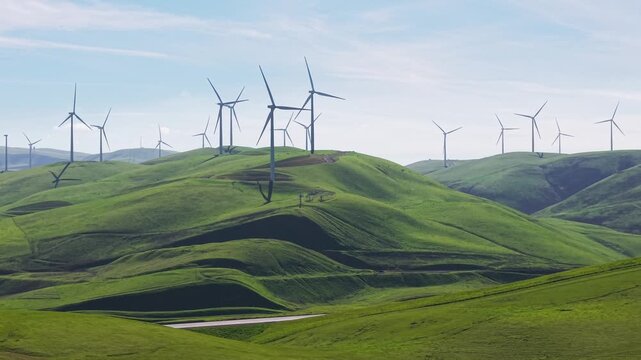Left to right drone view of wind turbines generating power at Altamont Pass, Dublin, CA. Relevant to renewable energy, green technology, and California regional content.
