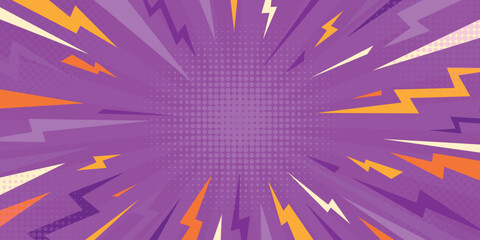Comic pop art explosion background with thunder lightning. Anime superhero purple backdrop with yellow thunder flash. © DesignToonsy