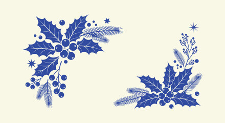 Elegant Blue Christmas Holly Berries Pine Branch Festive Winter Corner Decorations Vector Art © Vectorus