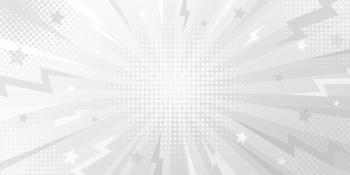 White comic background with thunder flash. Pop art silver halftone burst with lightning and stars. Dynamic zoom line and lighting explosion.