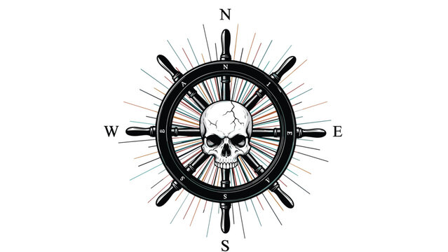 Pirate themed illustration features a human skull centered on a wooden ship wheel with compass points and colorful light rays in the background.