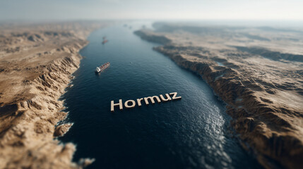 Hormuz Strait: A breathtaking aerial perspective captures the strategic Hormuz Strait, a vital waterway teeming with maritime activity, flanked by imposing cliffs and vast, arid landscapes.