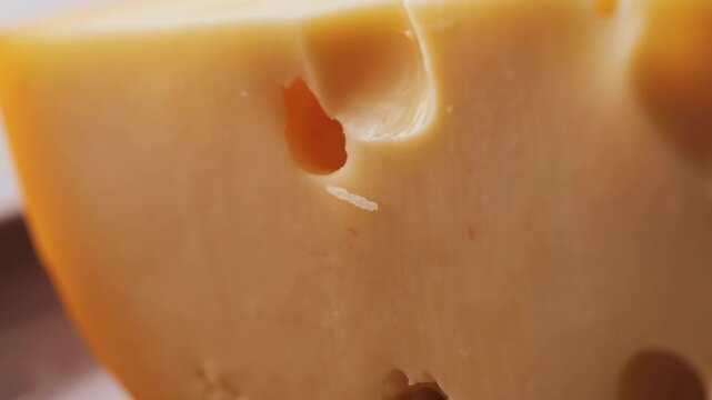 Bright yellow Emmental cheese or Maasdam cheese with large holes close up.