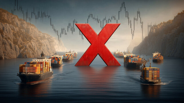 Symbolic Trade Crossroads: A dramatic scene of container ships navigating a waterway, intercepted by a prominent red X and a financial chart in the background.