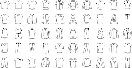 Fototapeta premium Collection of various clothing in black and white line fashion line black and white apparel