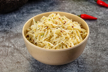 Aromatic Cumin Rice in a Bowl with Exotic Fruits and Vegetables
