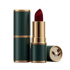 Obraz premium Deep Red Lipstick in Elegant Dark Green and Gold Case