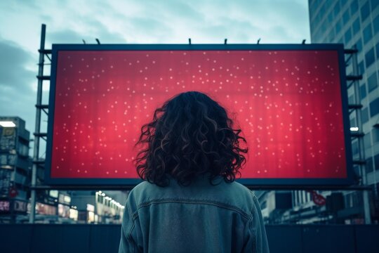 Young person with curly hair wearing a denim jacket standing in an urban environment at dusk, looking at a large red billboard with copy space