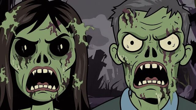 A cartoon illustration of a male and female zombie standing side by side, set against a dark and abandoned cityscape with a gray sky