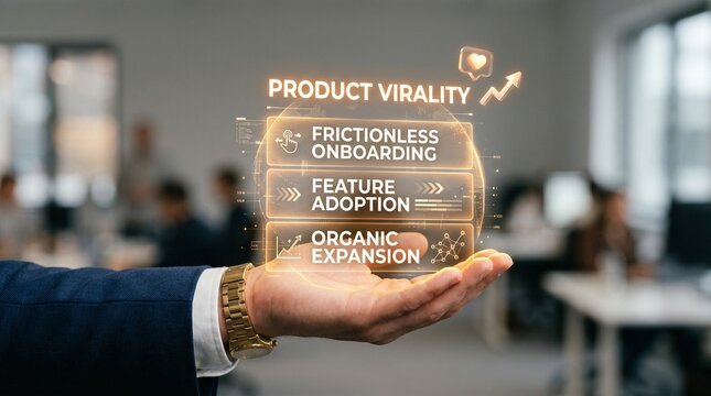 Businessman presenting product virality concepts in modern office