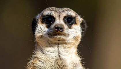 Fototapeta premium Close-up portrait of a meerkat with curious eyes, soft fur, and blurred brown background