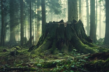 Naklejka premium Sunlight filters through a misty forest, illuminating a mossy tree stump on the forest floor
