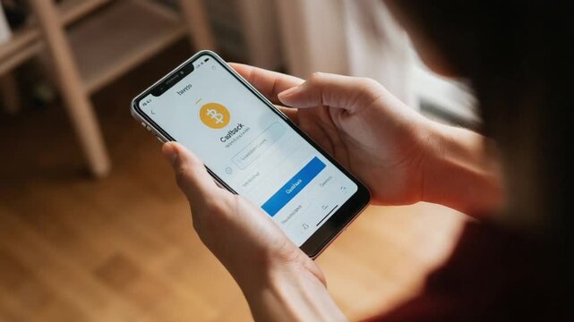 Person using smartphone for Bitcoin cashback app digital cryptocurrency