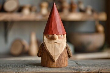 Naklejka premium Hand carved wooden gnome figurine with red hat standing on a wooden table in a crafts workshop