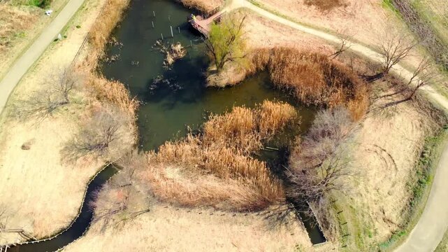 晴れた日の川と土手を空撮　4K
