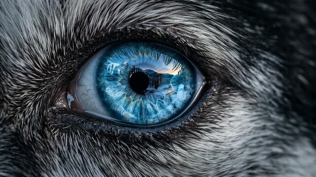 Extreme close-up of wolf eye with blue iris reflecting mountain landscape. Concept of wildlife vision, nature instinct, perception, awareness and predator focus.