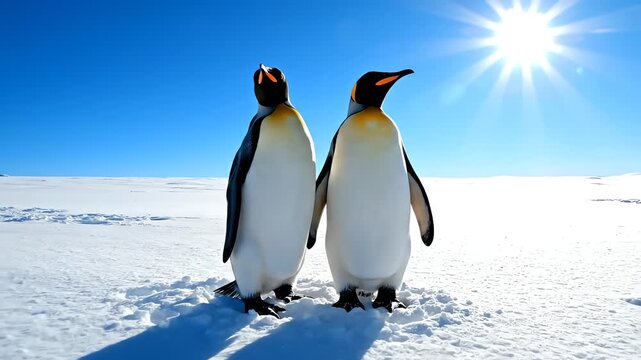 Penguins standing together in the Antarctic snow under a bright sun