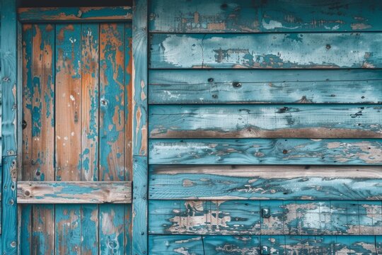 Close up of a weathered blue wooden door and wall, showcasing peeling paint and texture, creating a rustic, vintage backdrop