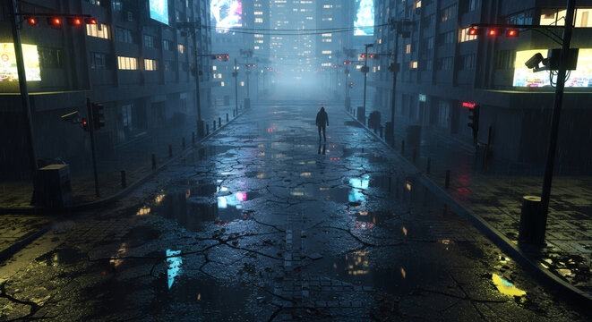 A lone figure walks through a desolate, rain-slicked futuristic cityscape at night, with vibrant neon lights reflecting dramatically on the cracked, wet pavement below, casting an atmospheric glow acr