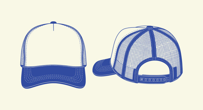 Blank Blue Trucker Cap Mockup Vector Template Front and Back Views Headwear