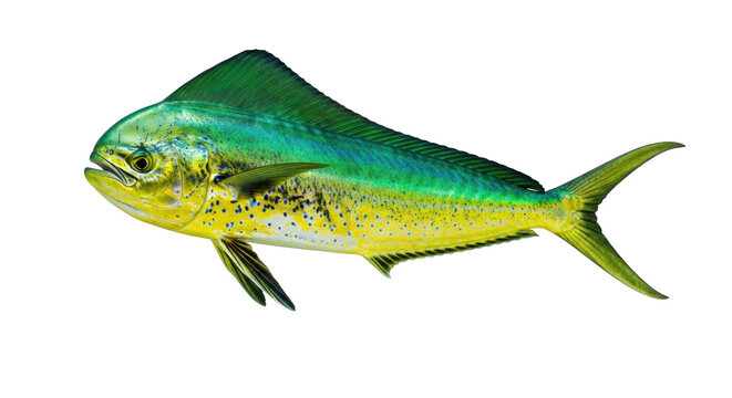 Isolated, colorful mahi-mahi or dolphinfish against a bright backdrop in full profile