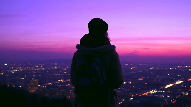 Urban Night Journey. Quiet Traveler Gazes Over City. Solitary Explorer Observes City Lights At Dusk