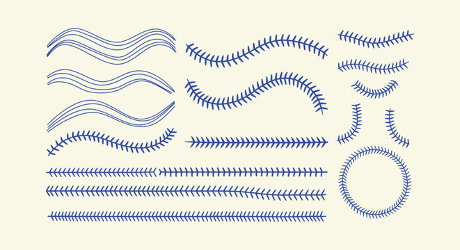 Blue Baseball Stitch Seam Lines Wavy Borders Vector Set Hand Drawn Elements