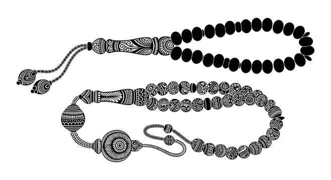 Intricate black beaded rosary with decorative metal accents and small tassel Vector, illustration