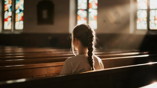 Girl in church pew contemplating with sunlight through stained glass